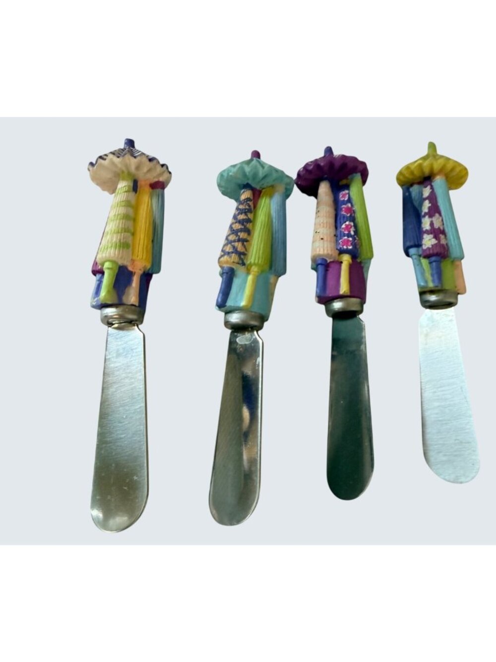 Set of 4 Parasol Umbrella Cheese Spreaders Colorful Resin Handles Stainless